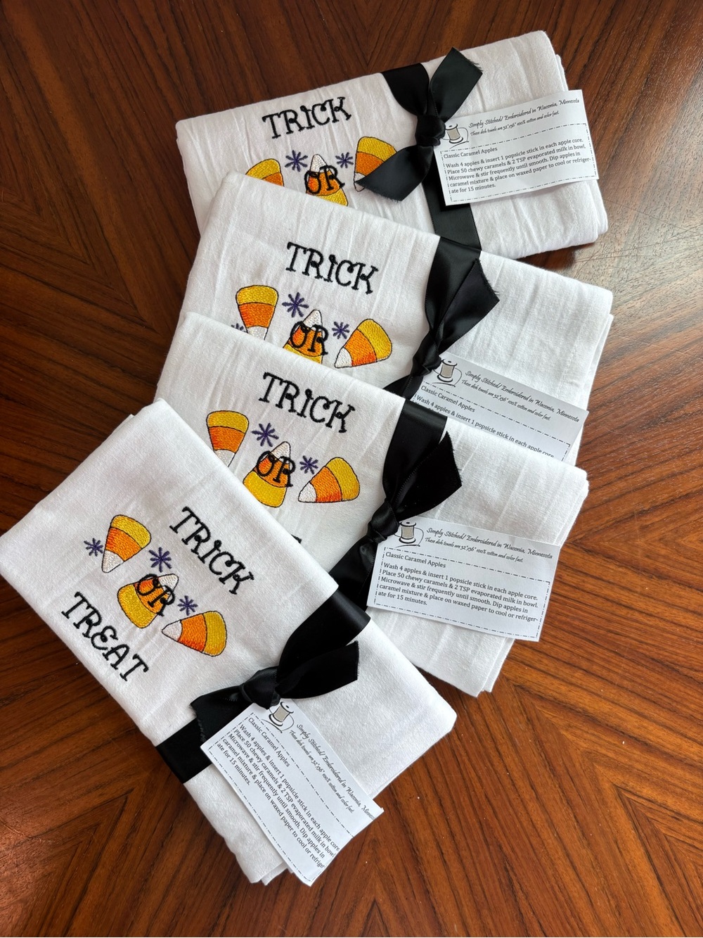 Set of 4 Halloween Trick or Treat Candy Corn Embroidered Kitchen Towels Gift Set